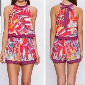 Flying Tomato Coral Romper Tropical Print Halter Tie Neck. Size S